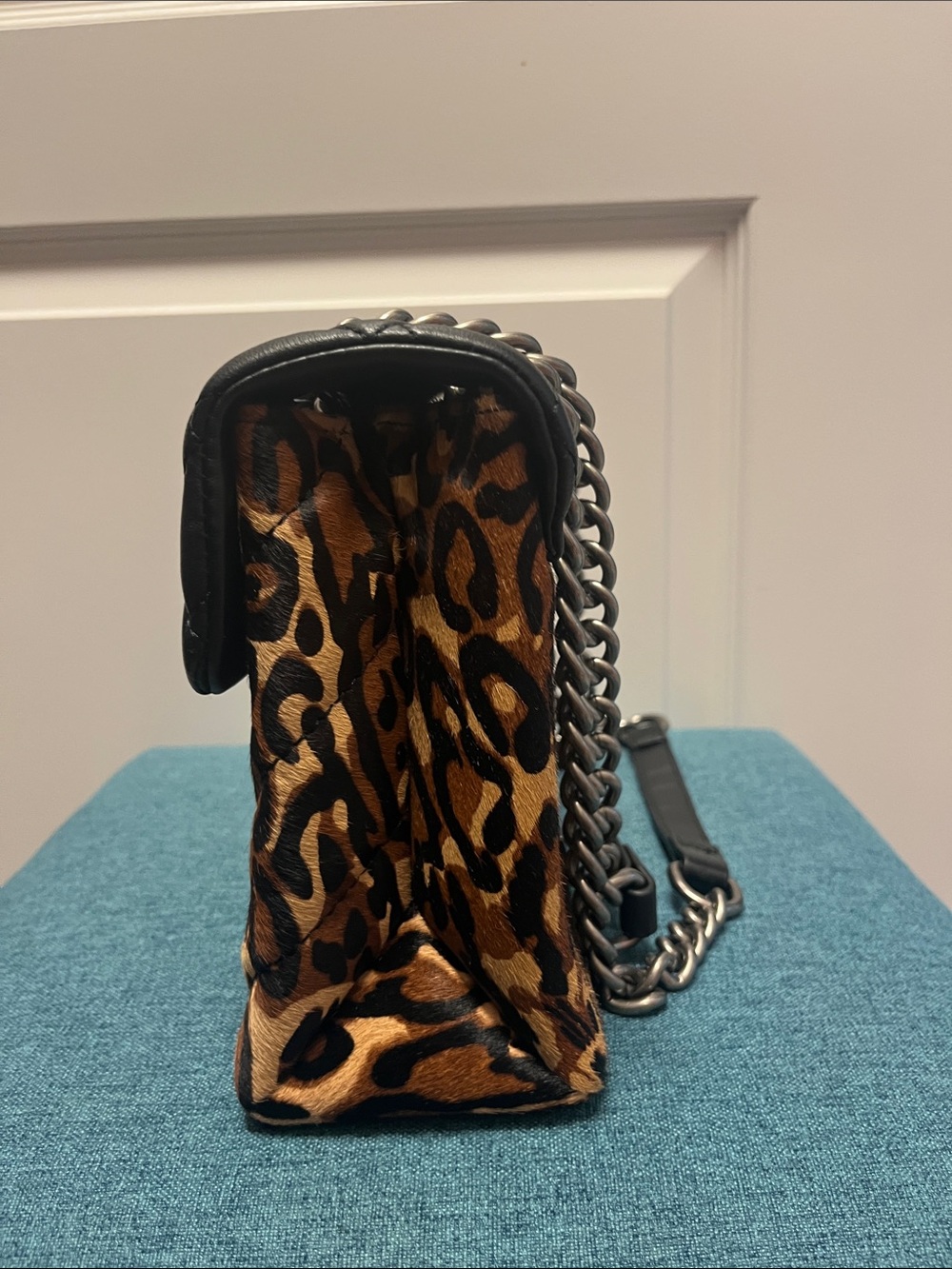 Kurt Geiger Quilted Black & Leopard-Print Shoulder Bag with Crystal Studs - Picture 4 of 4